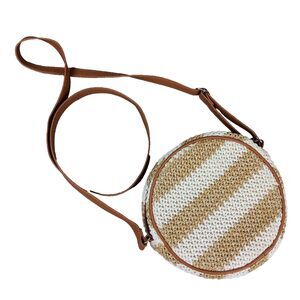 Thirty One Jewell Round About Straw-Like Crossbody Bag White and Tan Stripe